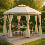 Tonnelle ronde blanche 3,5 x 2,7 m – Acier thermolaqué, toit double & rideaux polyester