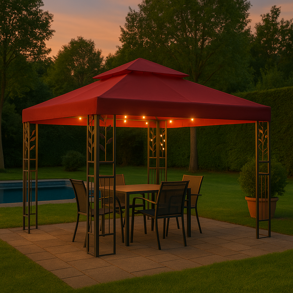 Tonnelle 3x3 m Rouge avec guirlande LED solaire – Ambiance garantie, en toute sérénité