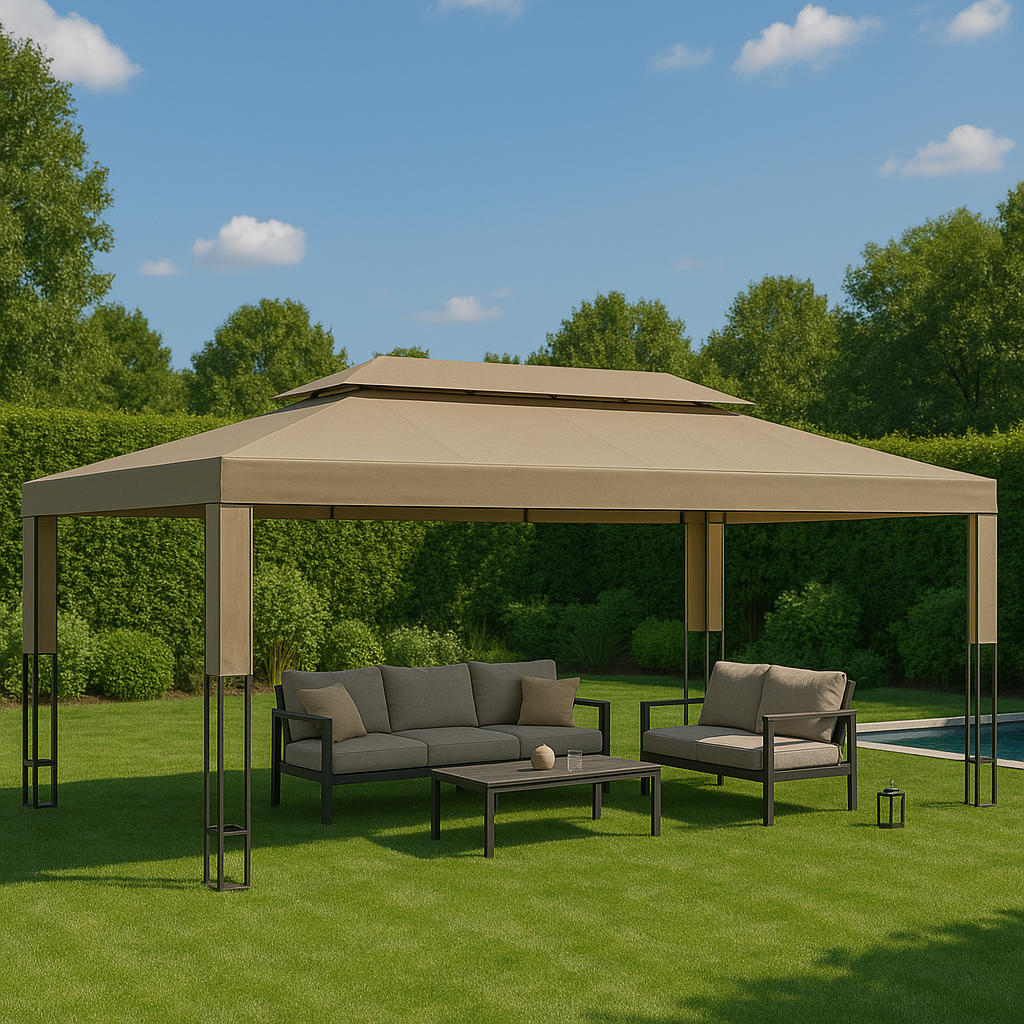 Tonnelle 3x3/3x6 m avec toit double Taupe – Structure acier & toile résistante