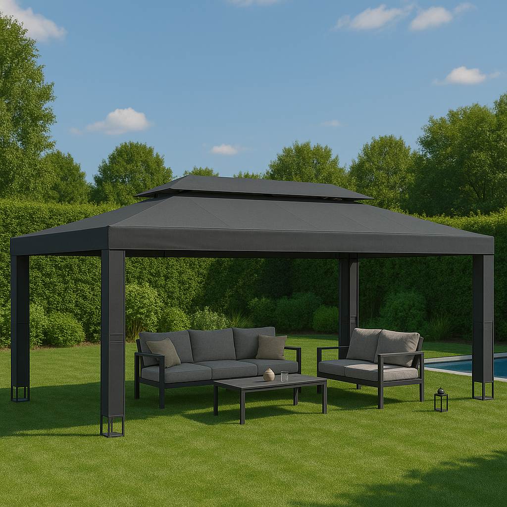 Tonnelle 3x3/3x6 m avec toit double Anthracite – Structure acier & toile résistante