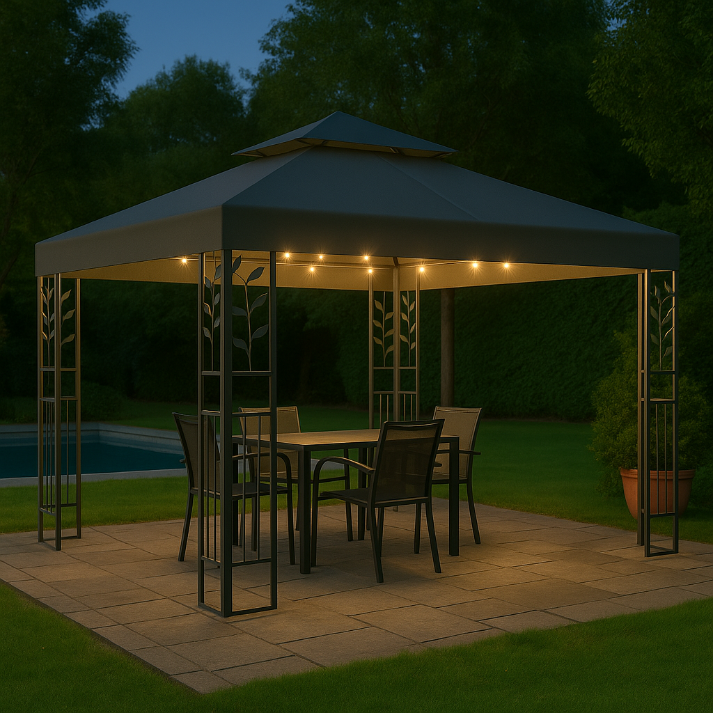 Tonnelle 3x3 m Anthracite avec guirlande LED solaire – Ambiance garantie, en toute sérénité