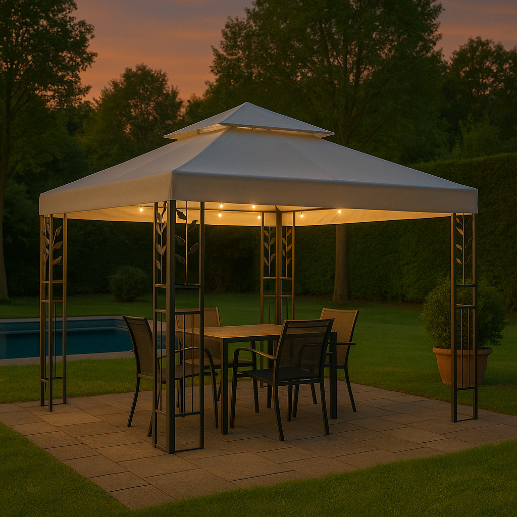 Tonnelle 3x3 m Blanche avec guirlande LED solaire – Ambiance garantie, en toute sérénité